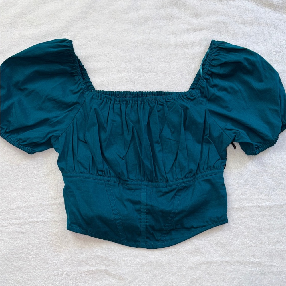 Japna Teal Puff Sleeve Crop Top Blouse